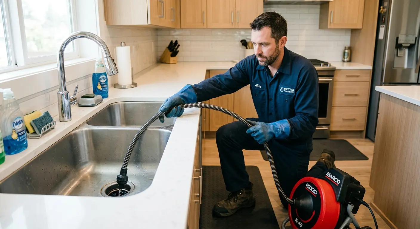 Drain cleaning technician using a motorized snake on a kitchen sink in Green Valley