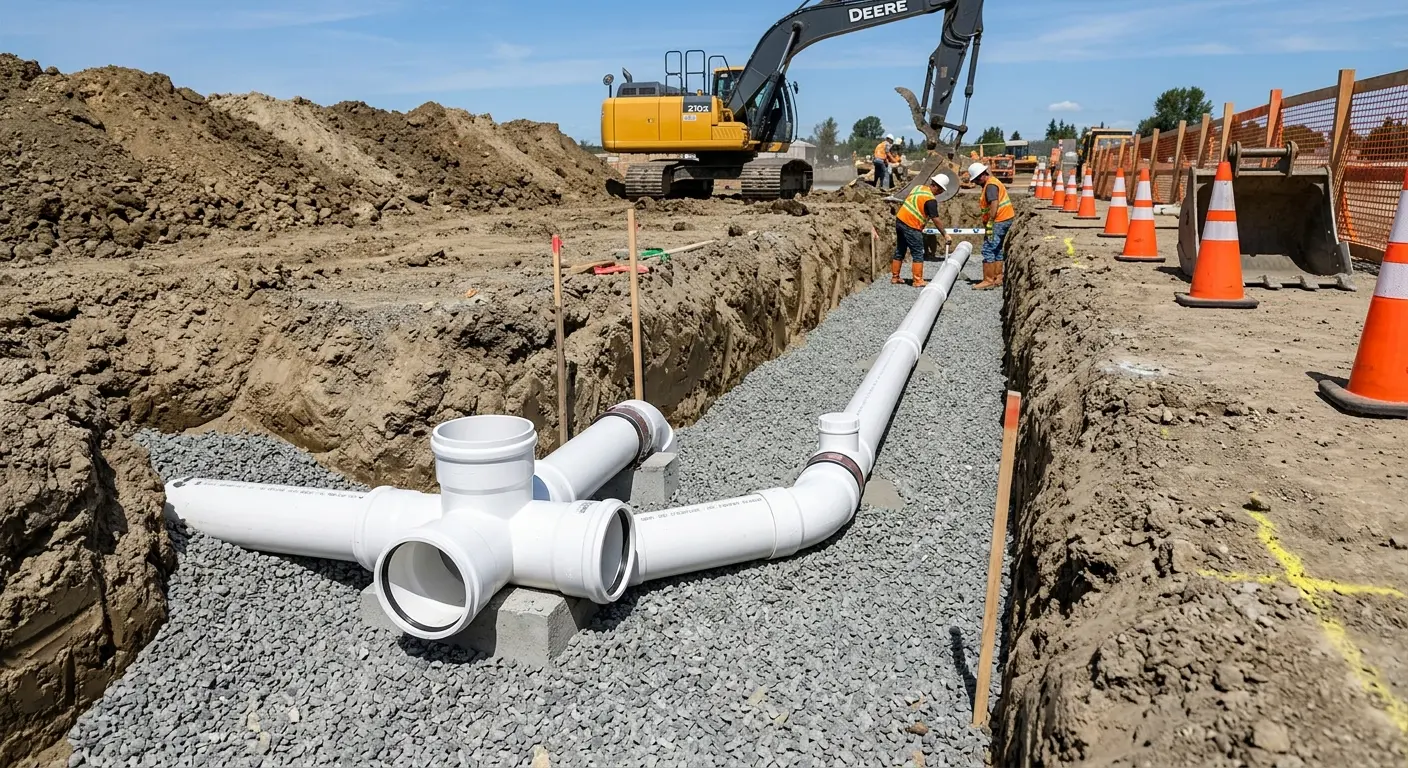 New PVC sewer pipe installation in open trench for Commercial Drain Cleaning in Green Valley