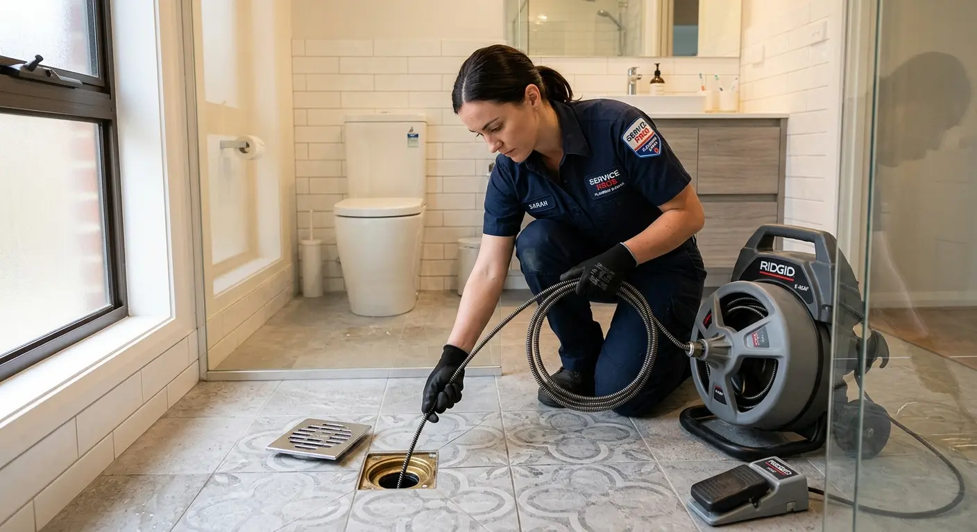 Technician clearing a bathroom floor drain for Drain Repair in Green Valley